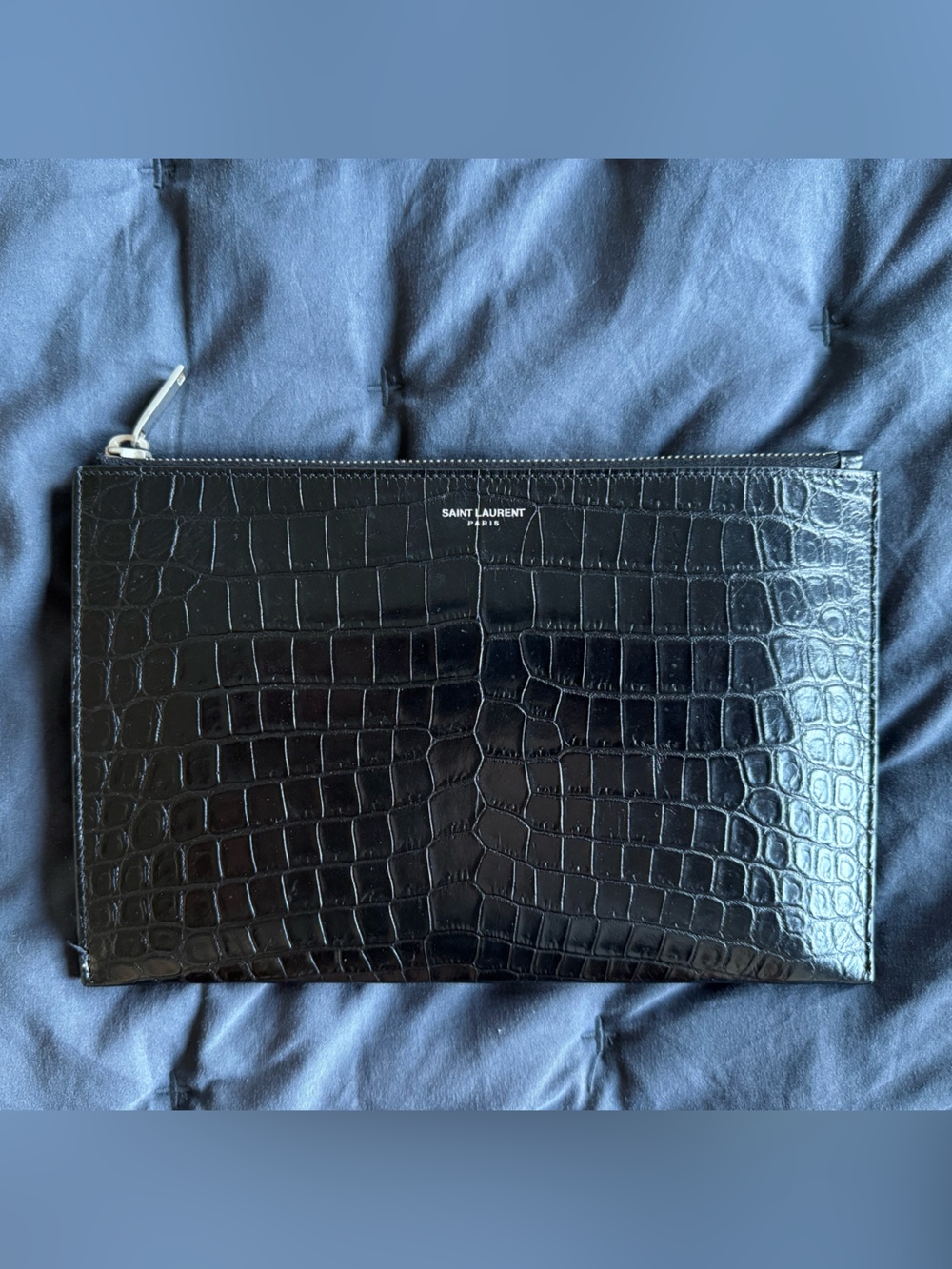 YSL Black Croc-Embossed Leather Zip Pouch Clutch